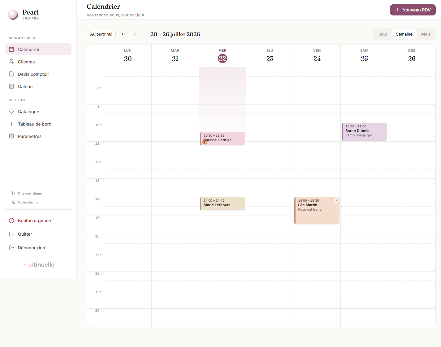 Agenda de la semaine dans Pearl, rendez-vous déjà réservés en ligne