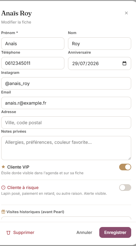 Fiche cliente Pearl ouverte avec historique et préférences