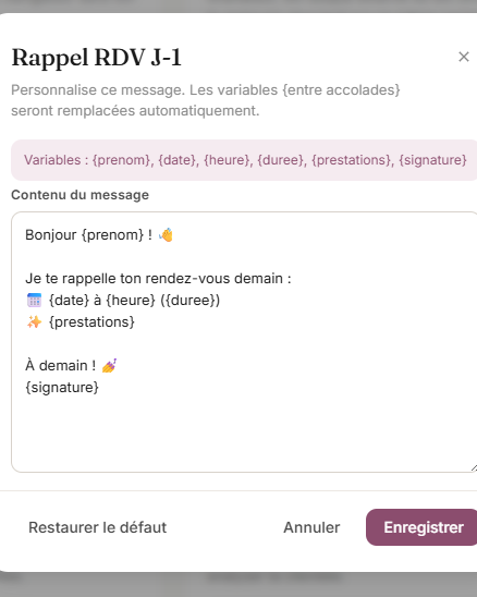 Message de rappel automatique personnalisé Pearl