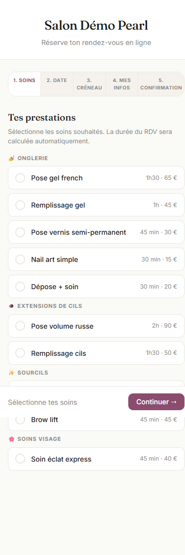 Réservation en ligne sur mobile, choix des prestations